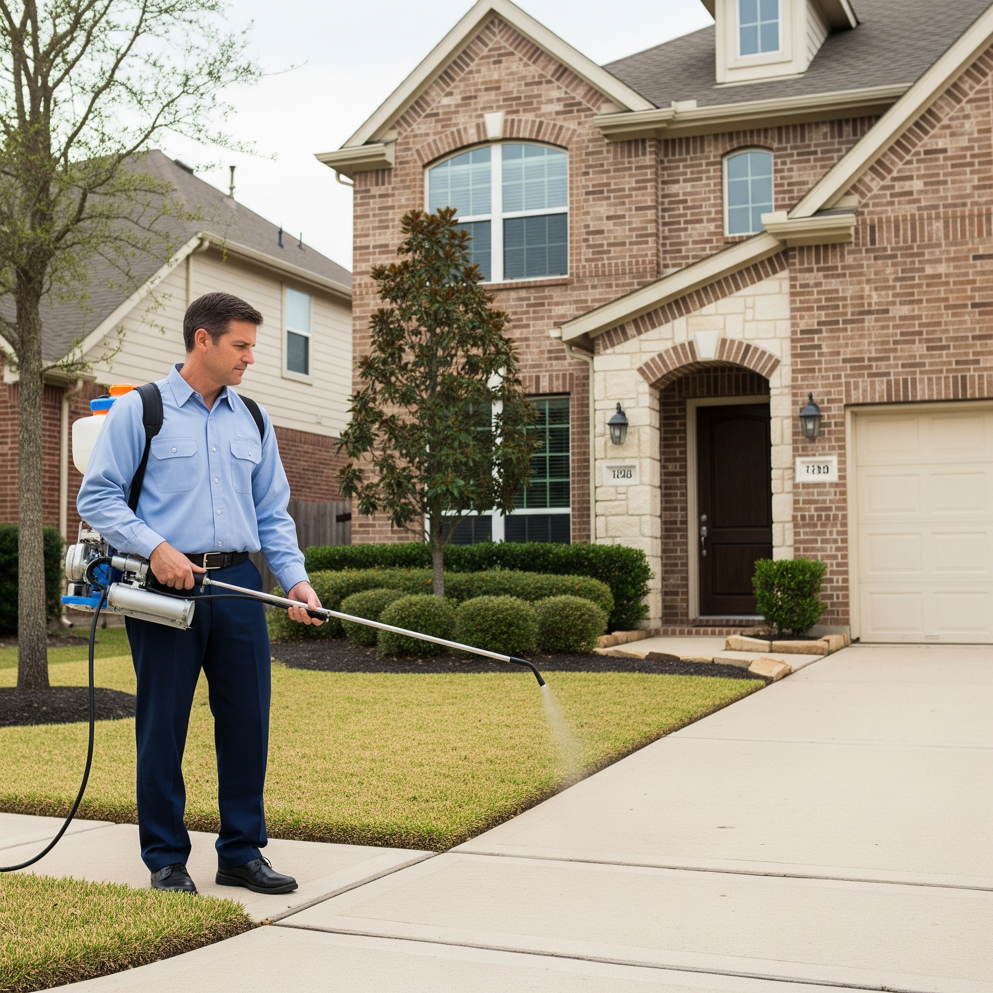 Professional pest control technician treating a Houston home